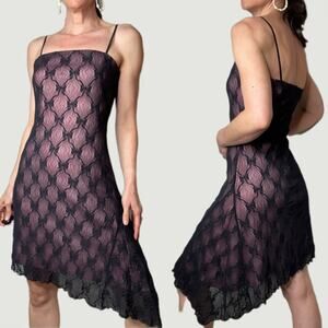 Vintage Y2K asymmetrical hem bow lace dress mesh spaghetti strap pink black S